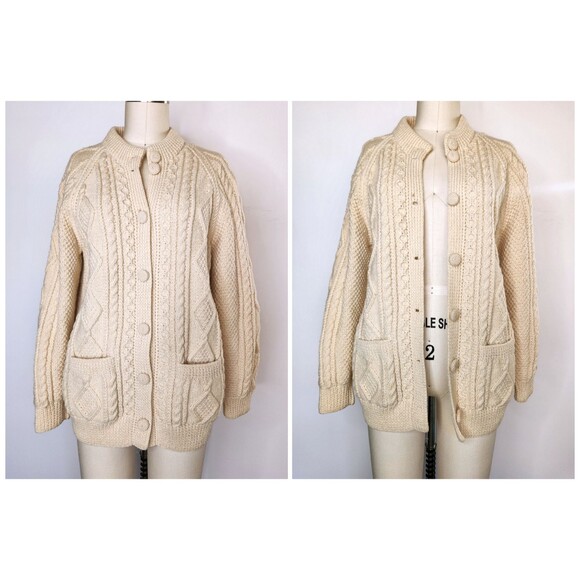 Chunky Cable Hand Knitted WOOL Sweater Cardigan w/Pockets Fisherman Ireland XS S - Picture 1 of 10